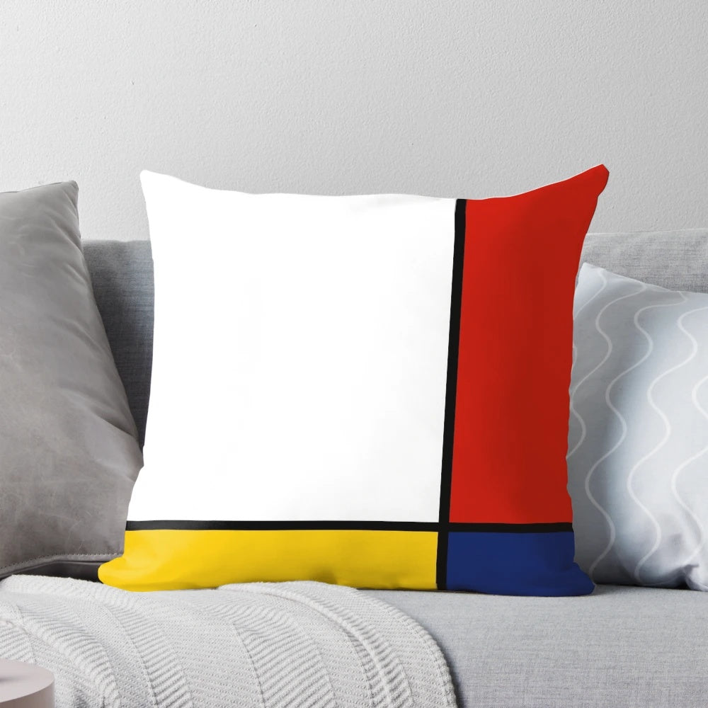 Colorful abstract geometric throw pillow with Mondrian-inspired art design