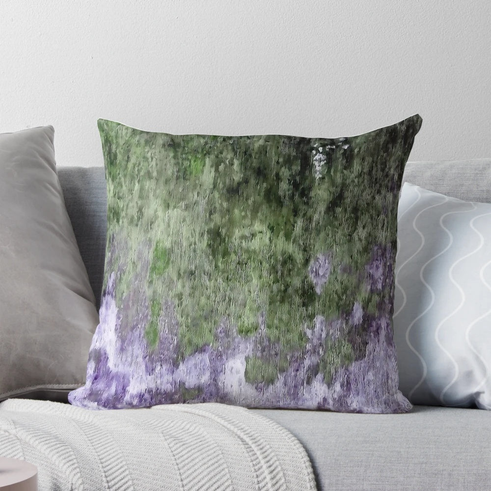 Abstract green and lilac painting on a throw pillow, showcasing a modern, expressive work of art.
