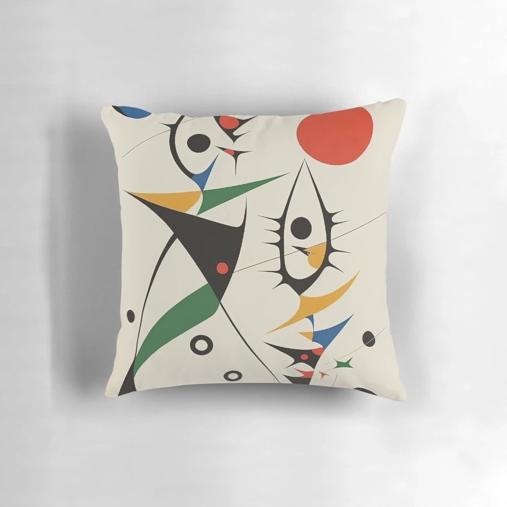 Colorful abstract accent pillow with Joan Miro-inspired surrealist design