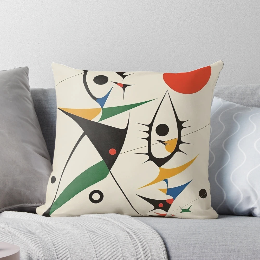 Colorful abstract accent pillow with Joan Miro-inspired surrealist design