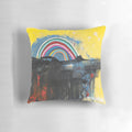 Colorful abstract landscape design printed on a decorative throw pillow for modern home decor