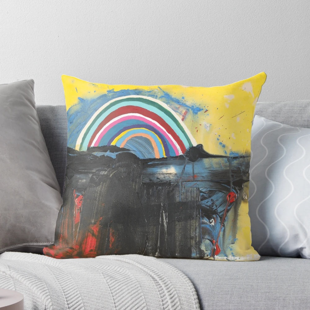 Colorful abstract landscape design printed on a decorative throw pillow for modern home decor