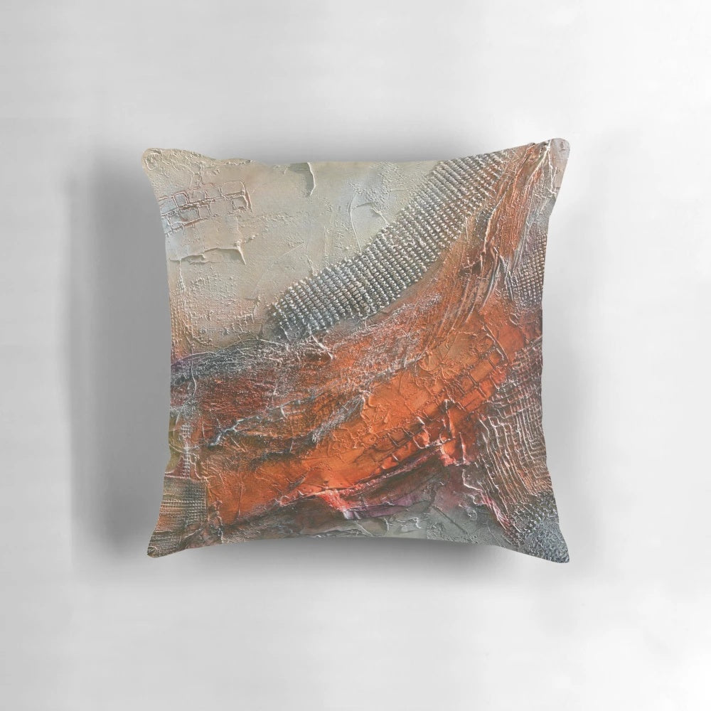 Abstract Rust Grey Art Print Pillow featuring a captivating landscape painting with red, orange, and green hues.