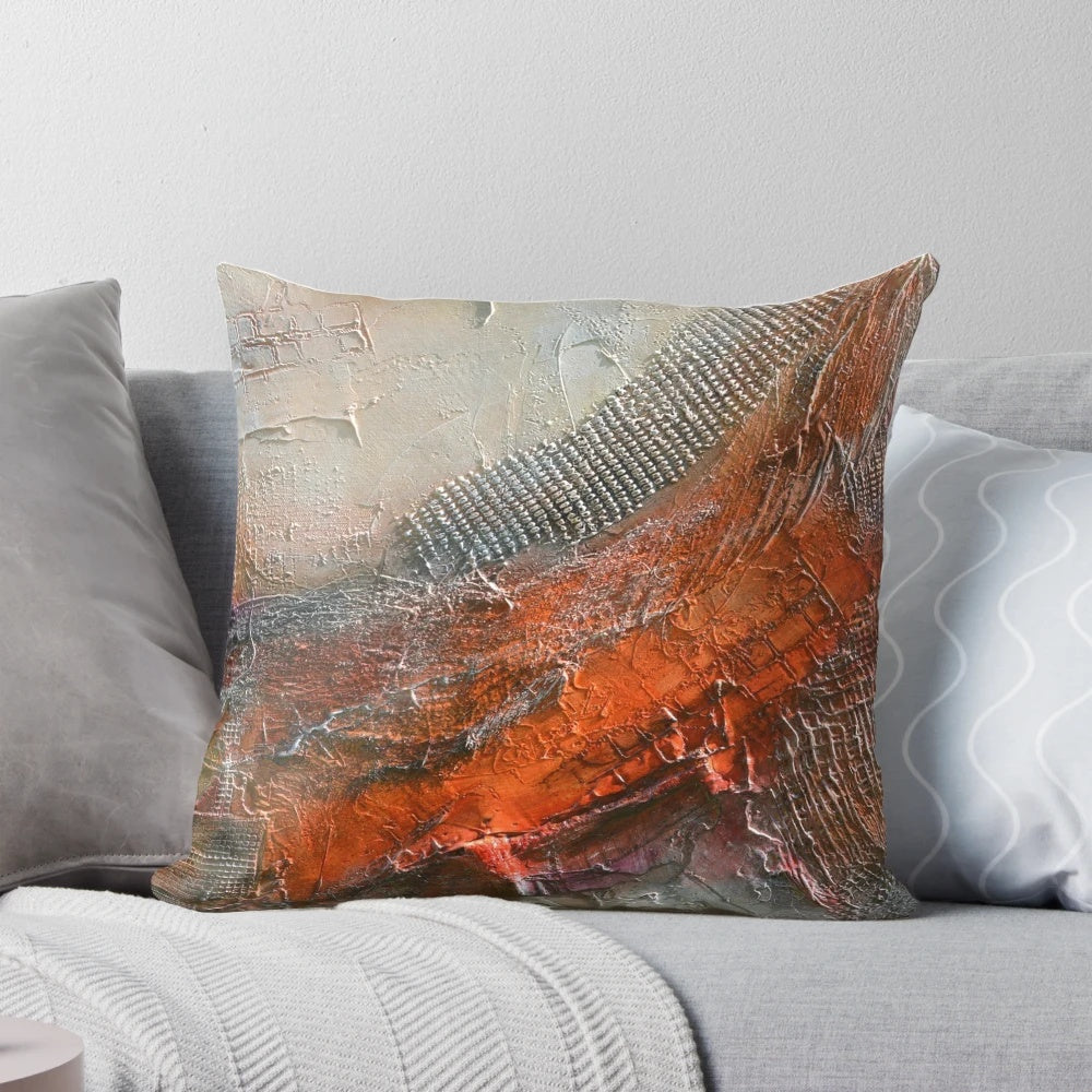 Abstract Rust Grey Art Print Pillow featuring a captivating landscape painting with red, orange, and green hues.