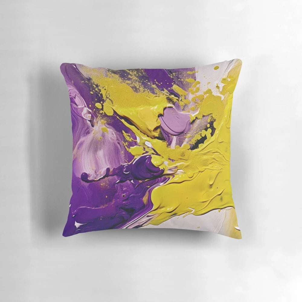 Colorful abstract paint design throw pillow in shades of purple and yellow