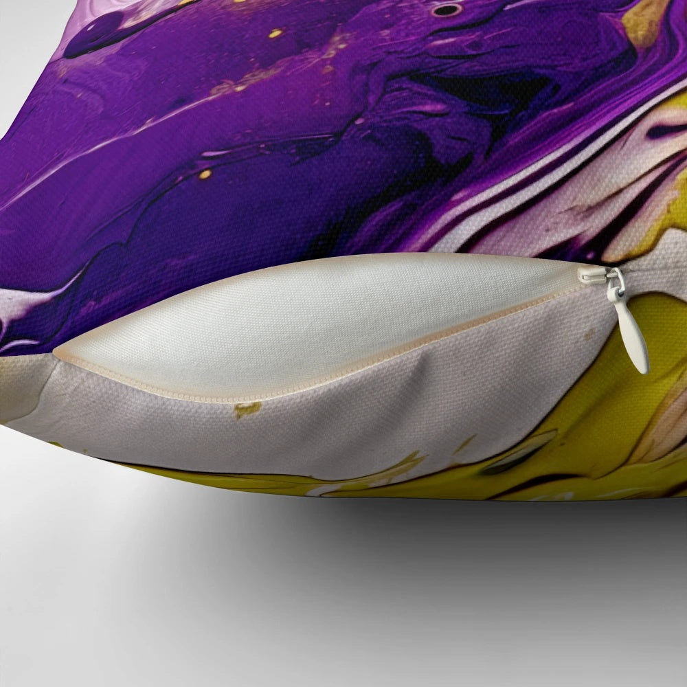Colorful abstract paint design throw pillow in shades of purple and yellow