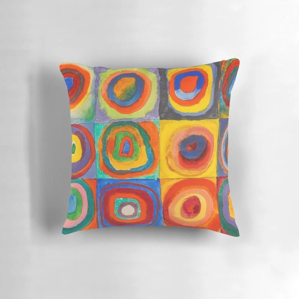 Colorful abstract geometric painting by Wassily Kandinsky depicting concentric circles and squares