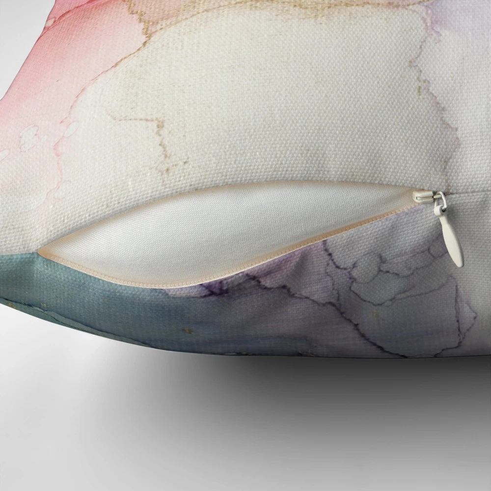 Colorful abstract painting on a canvas pillow with fluid, textured patterns in shades of turquoise, pink, coral, and violet.