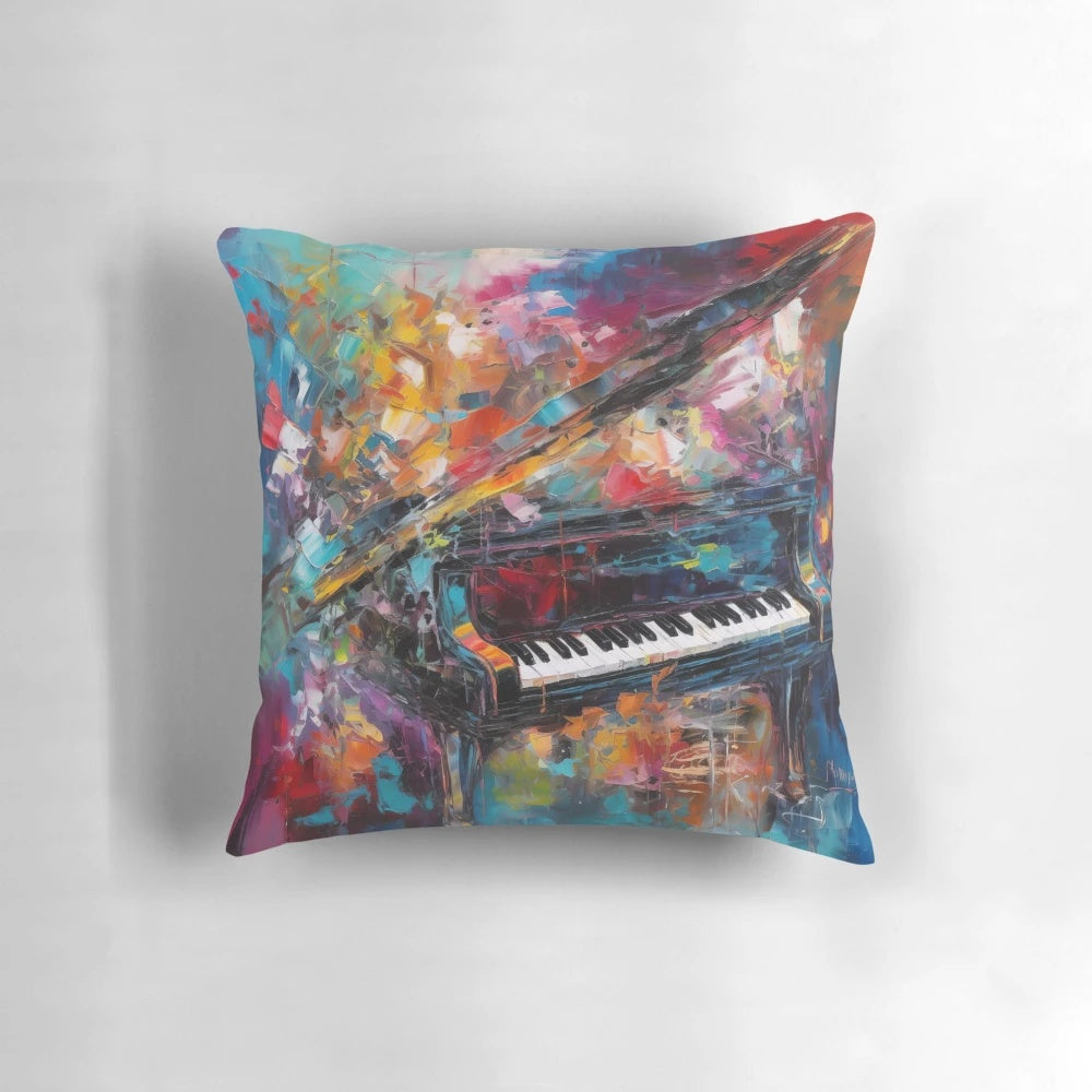Vibrant abstract piano art pillow with bold brushstrokes and a symphony of colors
