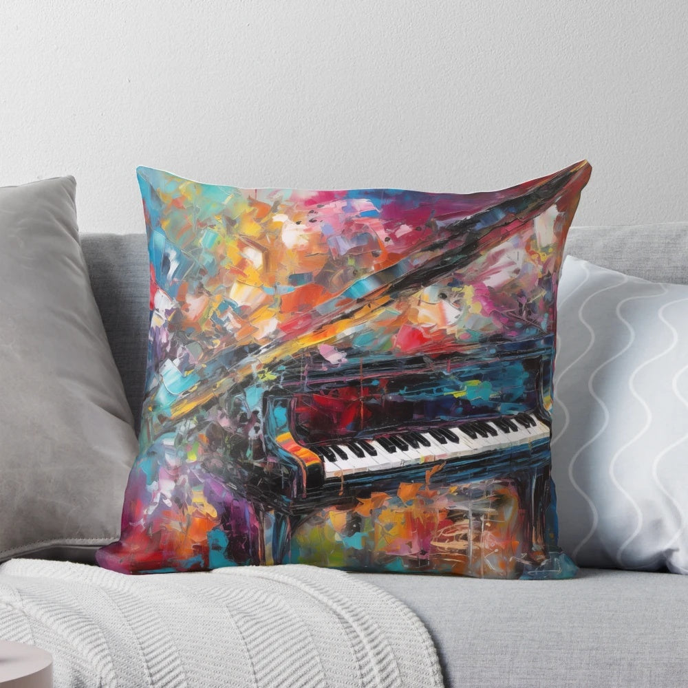 Vibrant abstract piano art pillow with bold brushstrokes and a symphony of colors