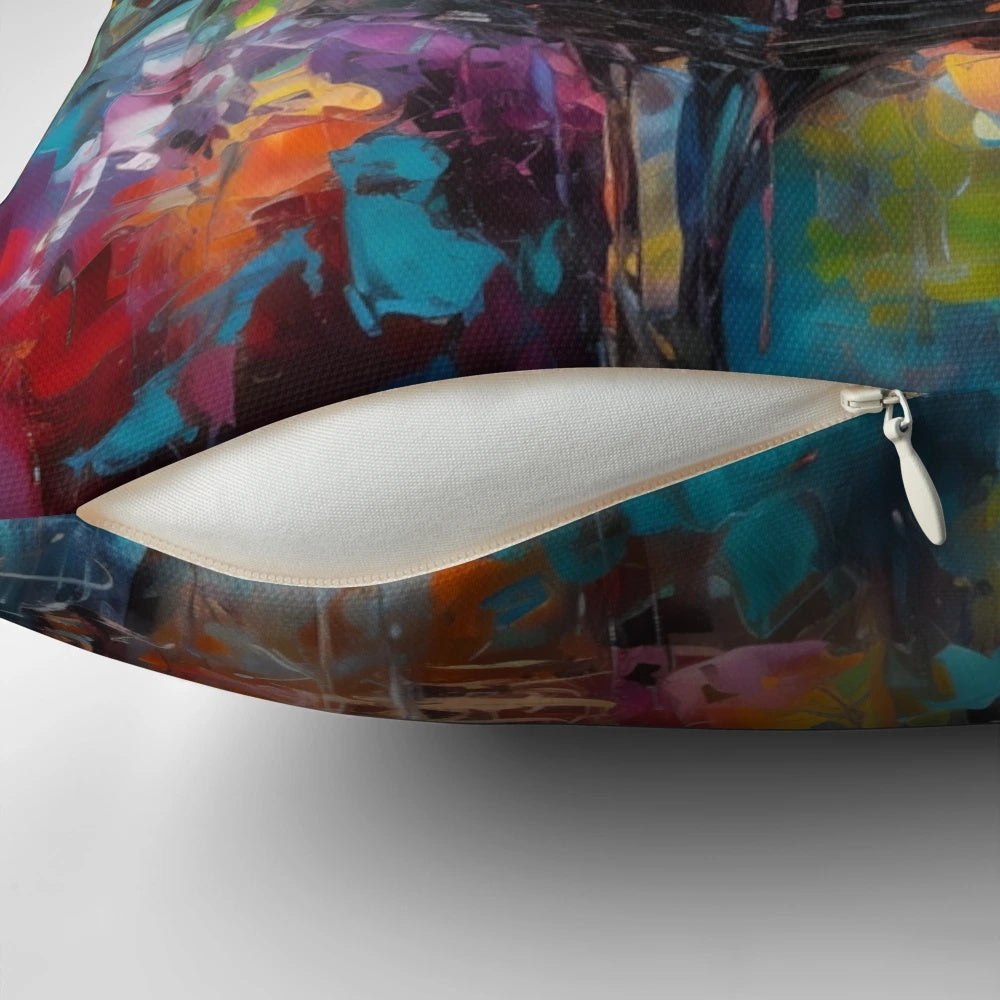 Vibrant abstract piano art pillow with bold brushstrokes and a symphony of colors