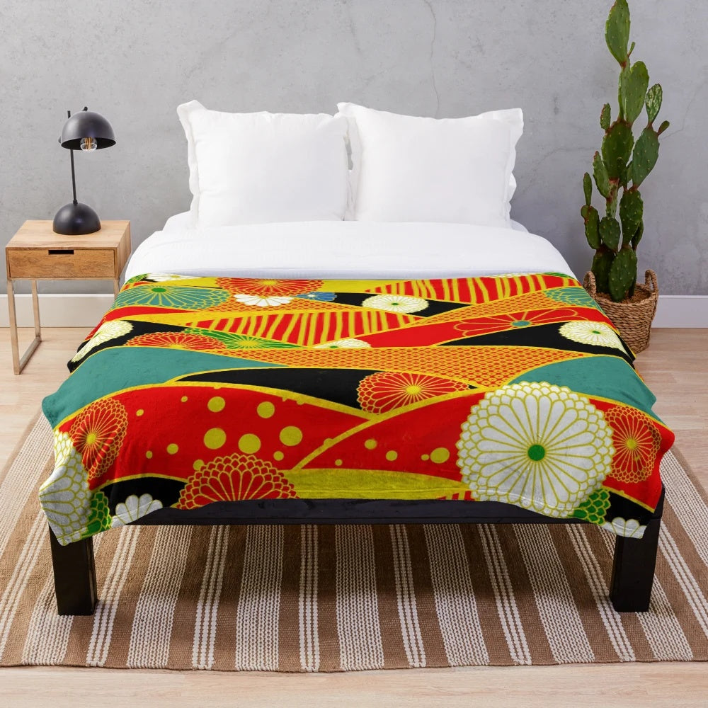 Colorful abstract plush blanket with a surreal, fantasy landscape design
