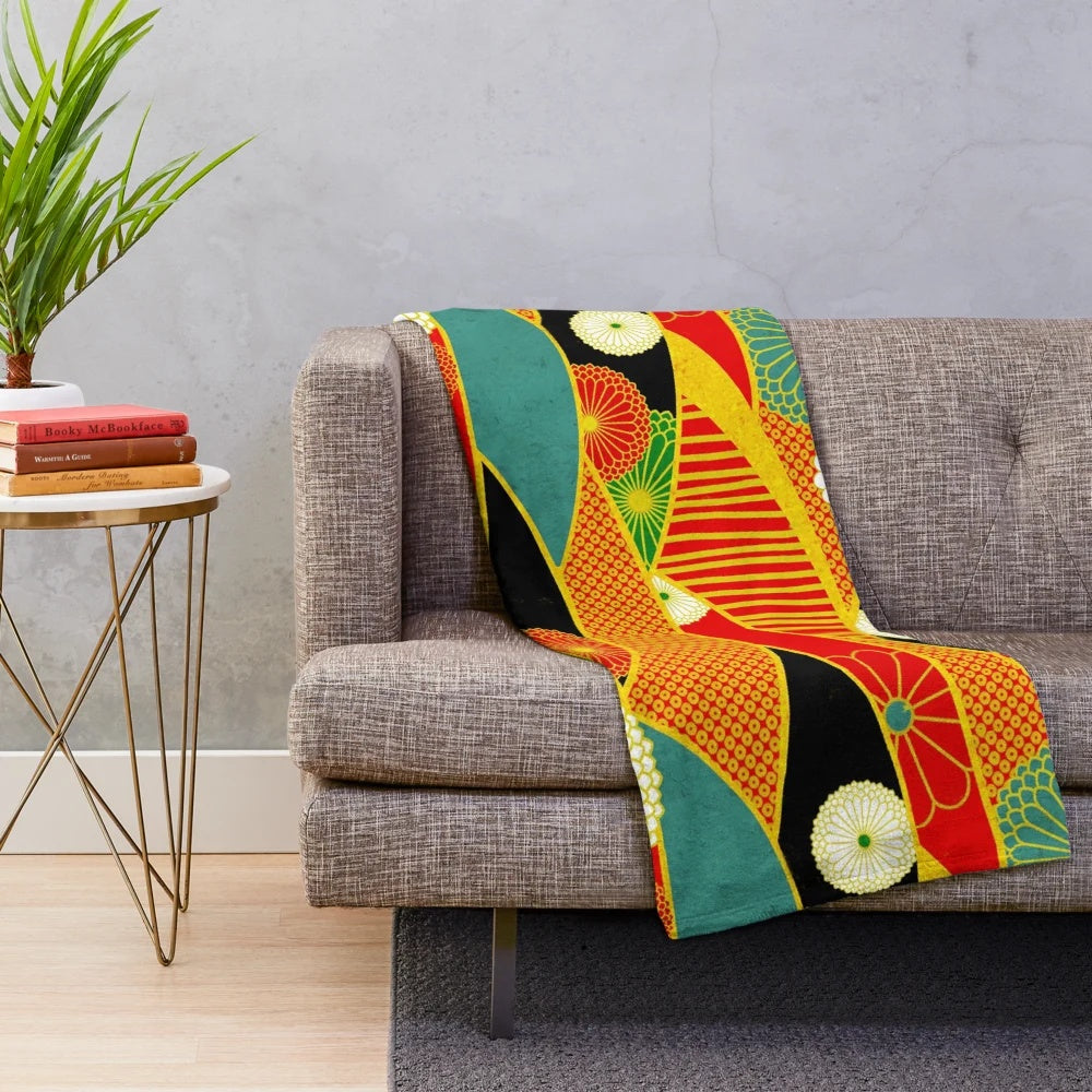Colorful abstract plush blanket with a surreal, fantasy landscape design