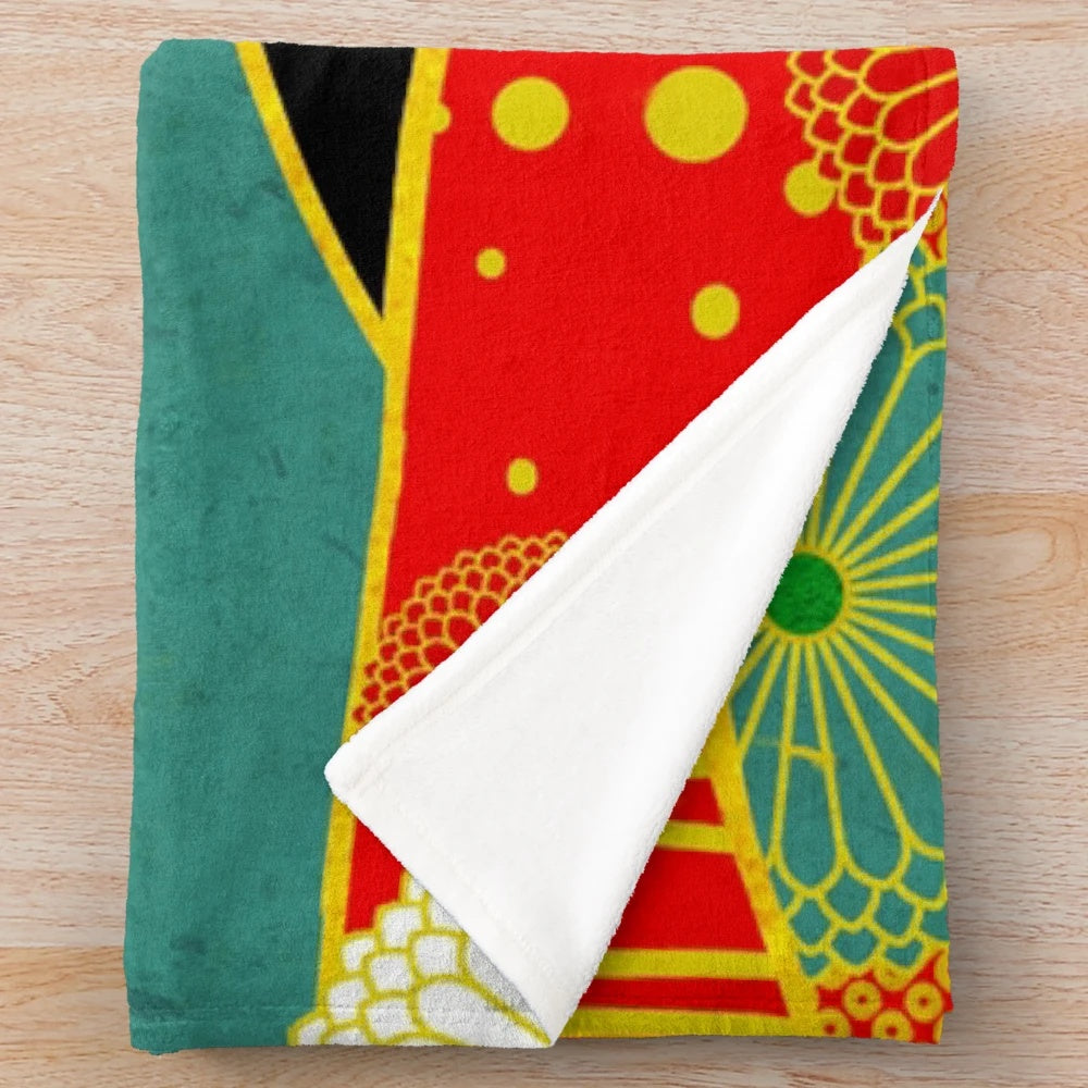 Colorful abstract plush blanket with a surreal, fantasy landscape design