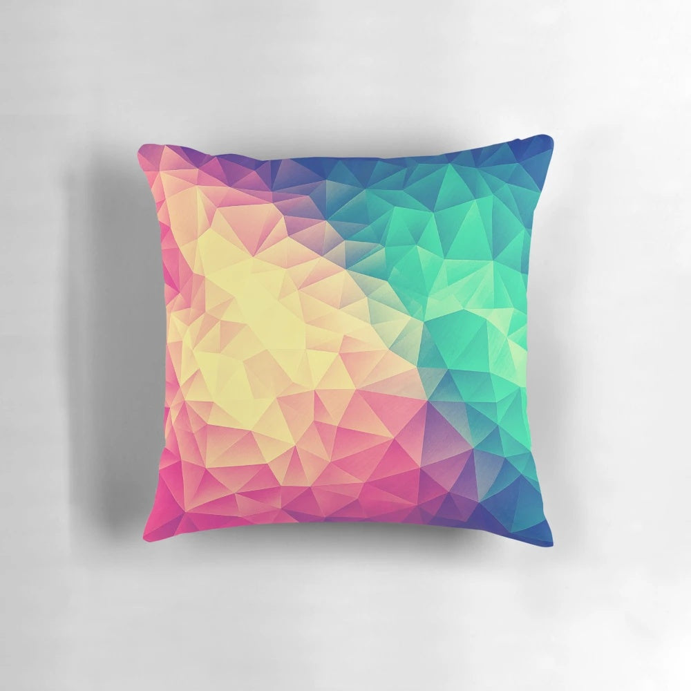 Colorful abstract polygon pillow with a low poly triangle pattern and pride colors