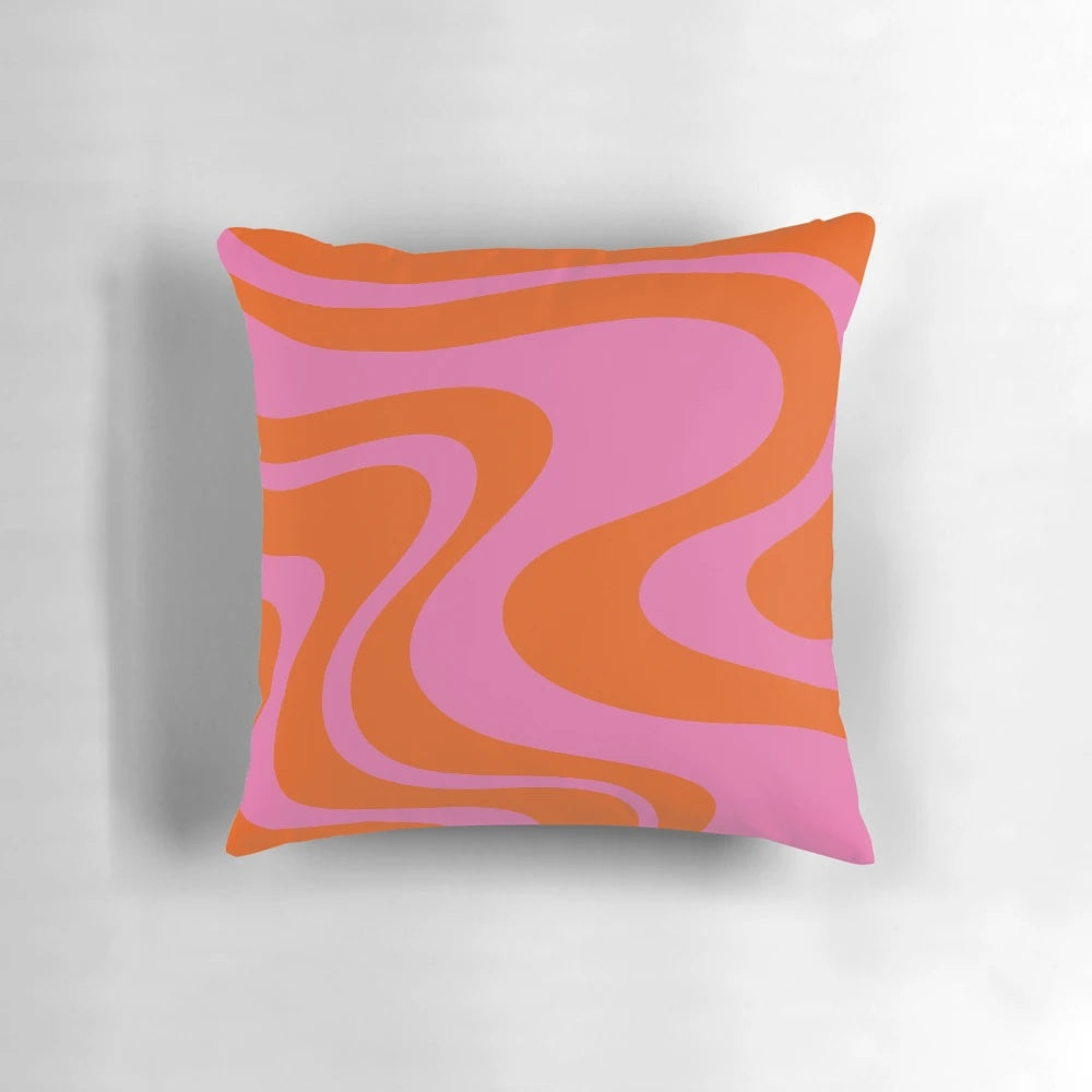Vibrant abstract retro swirl pattern on a decorative throw pillow