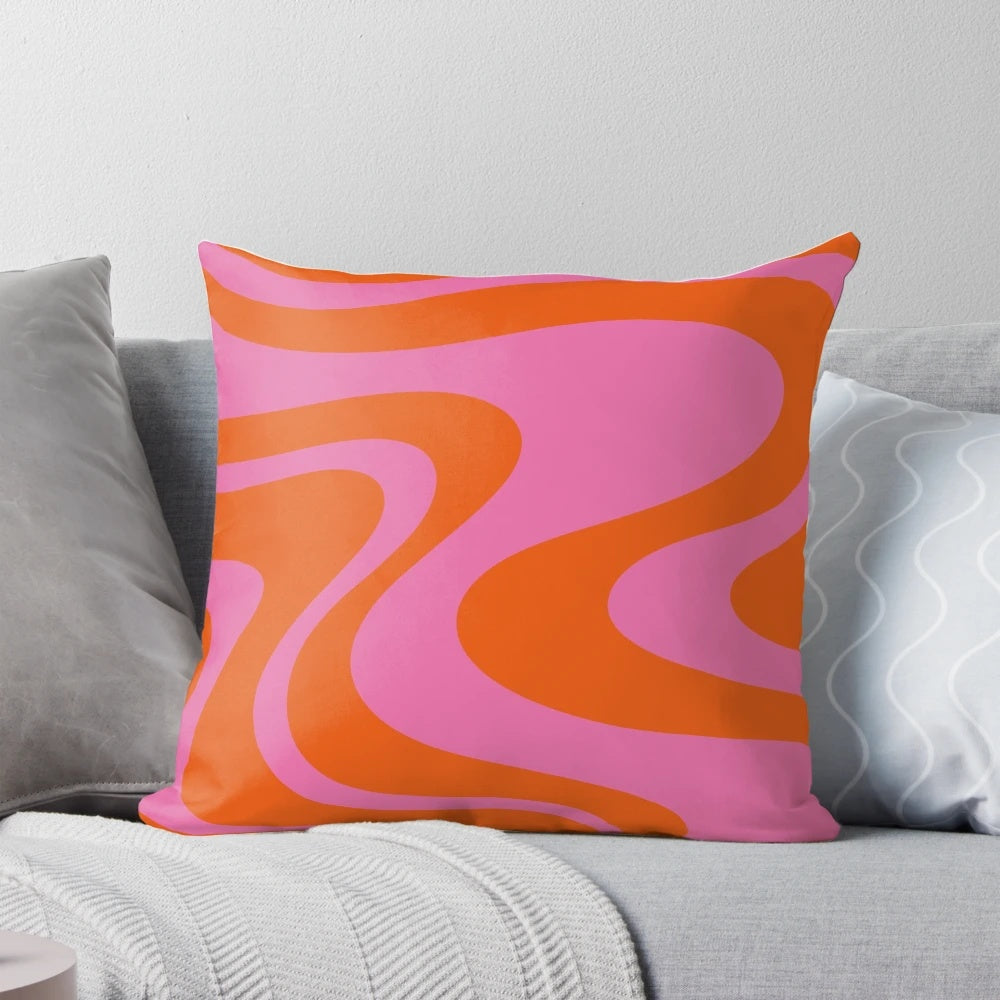 Vibrant abstract retro swirl pattern on a decorative throw pillow