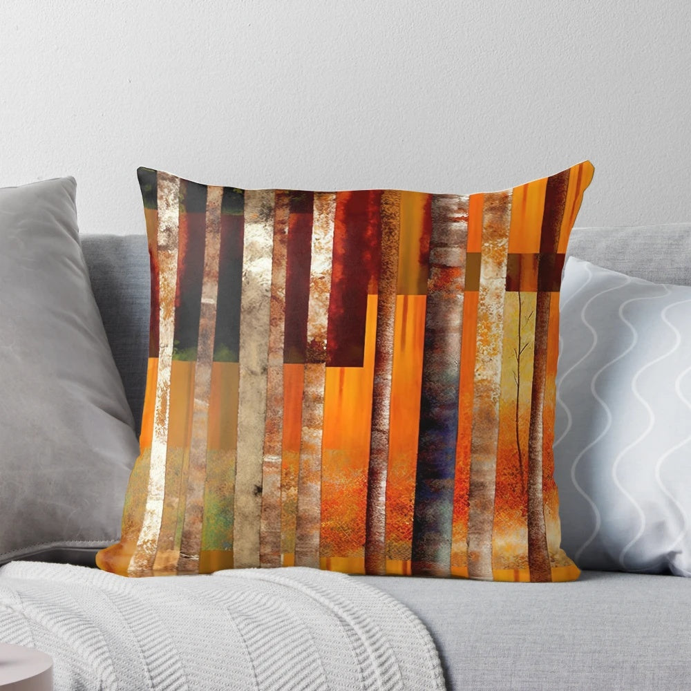 Vibrant abstract striped throw pillow with orange, yellow, and red tones for autumn home decor