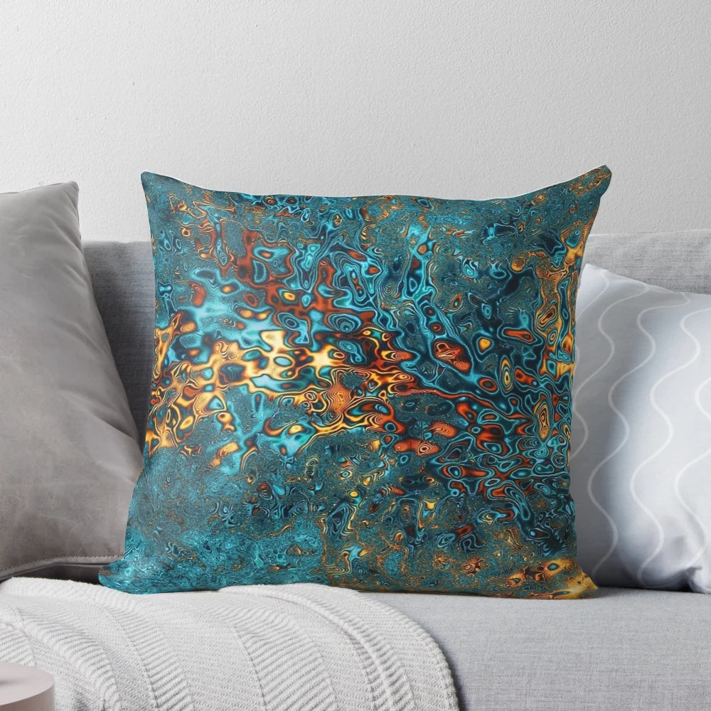 Vibrant abstract teal and gold fractal galaxy pattern decorative throw pillow