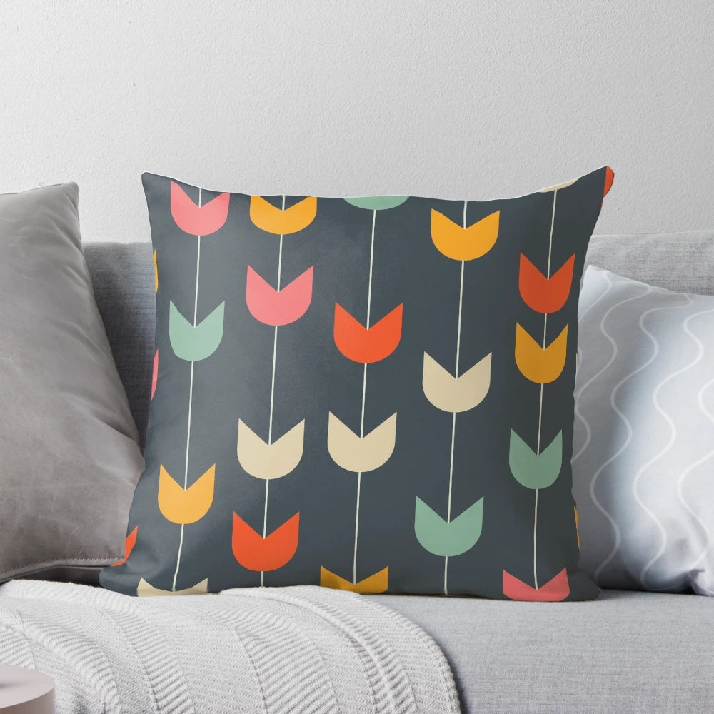Colorful abstract tulip pattern printed on a decorative throw pillow