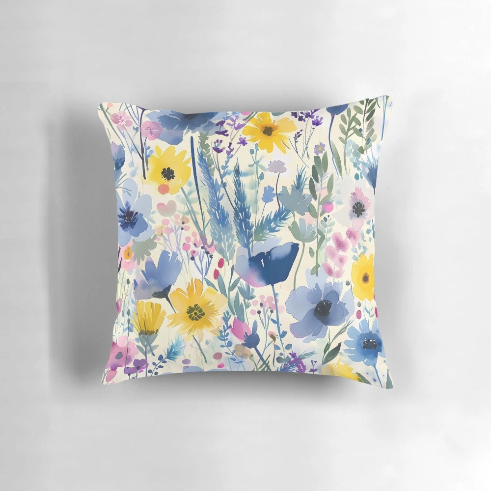 Colourful abstract watercolor painting of a summer garden scene on a decorative throw pillow