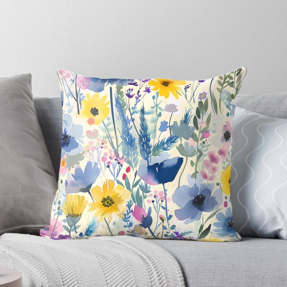 Colourful abstract watercolor painting of a summer garden scene on a decorative throw pillow