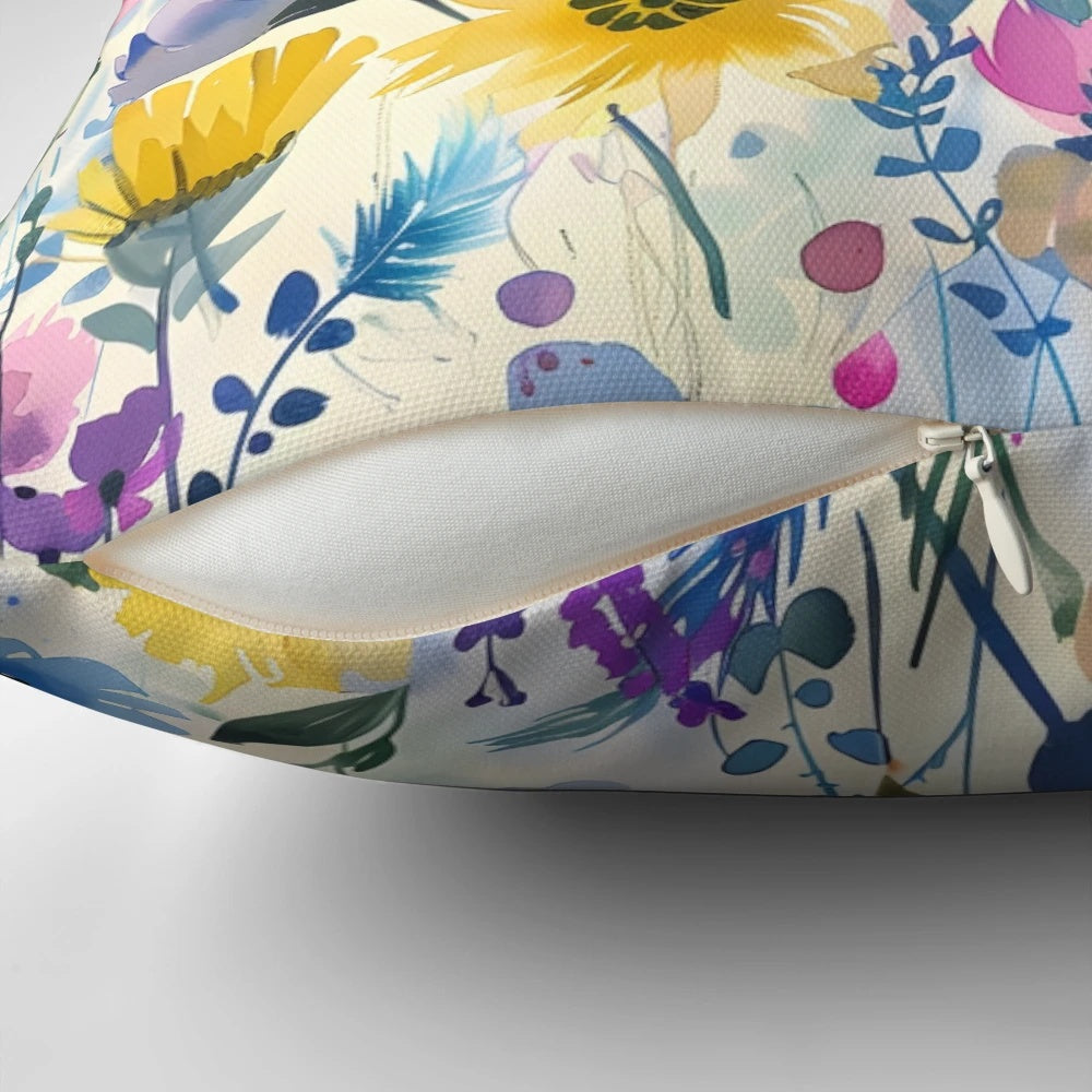 Colourful abstract watercolor painting of a summer garden scene on a decorative throw pillow