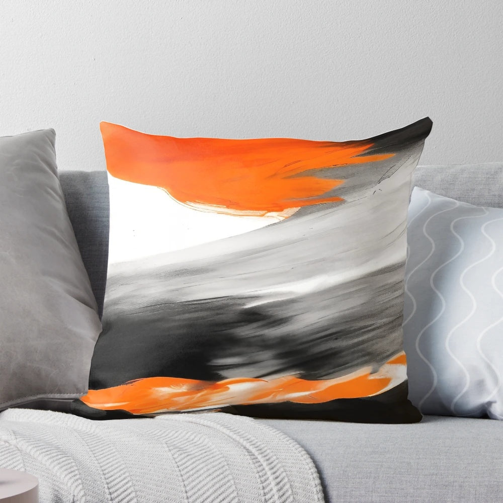 Stylish abstract waves pattern pillow in shades of orange, black, and gray