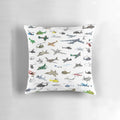 Colorful pillow featuring a diverse pattern of airplanes, helicopters, and military aircraft.