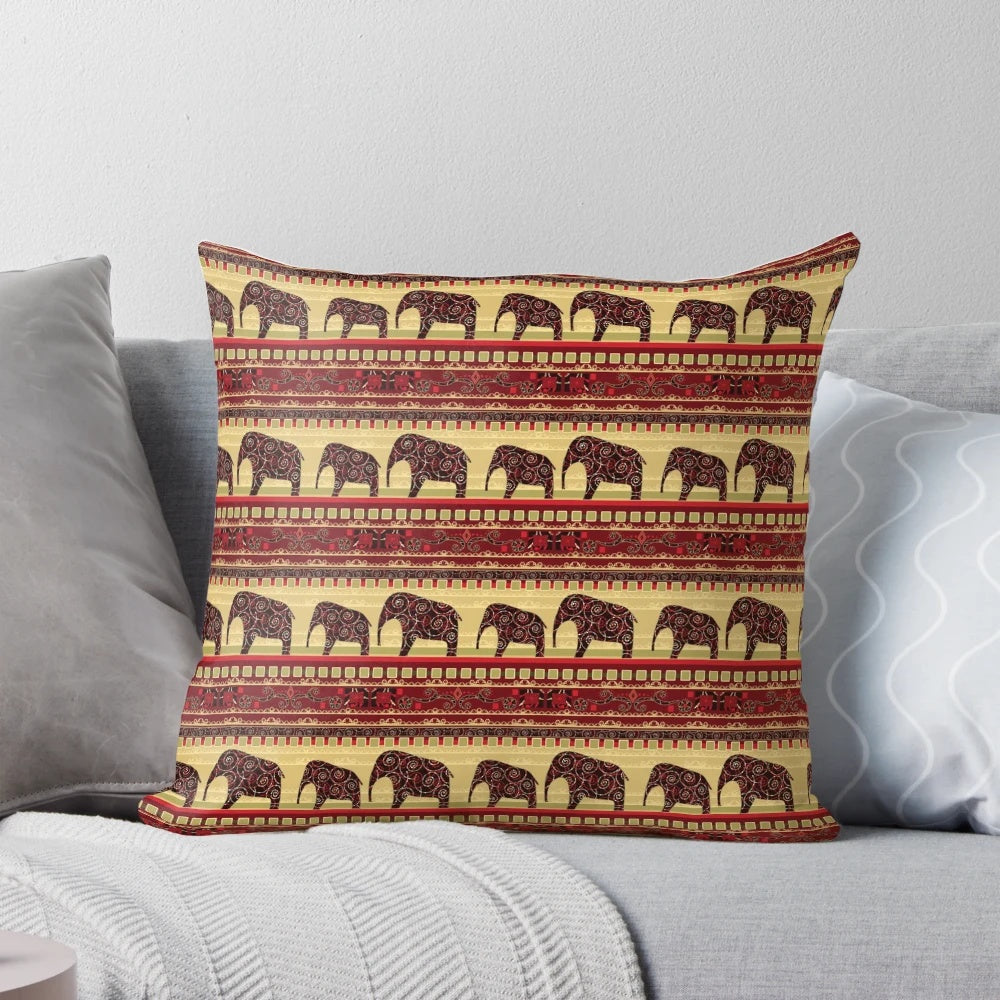 Colorful African-inspired throw pillow with abstract elephant design