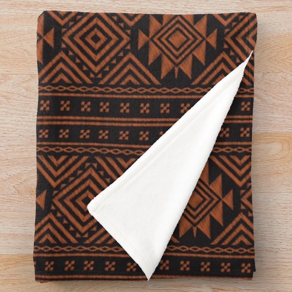 Ekai orange and black African tribal pattern plush blanket with bohemian geometric mudcloth design