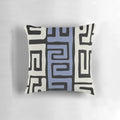 Decorative throw pillow featuring a vibrant African kuba fabric inspired pattern in cream and powder blue.