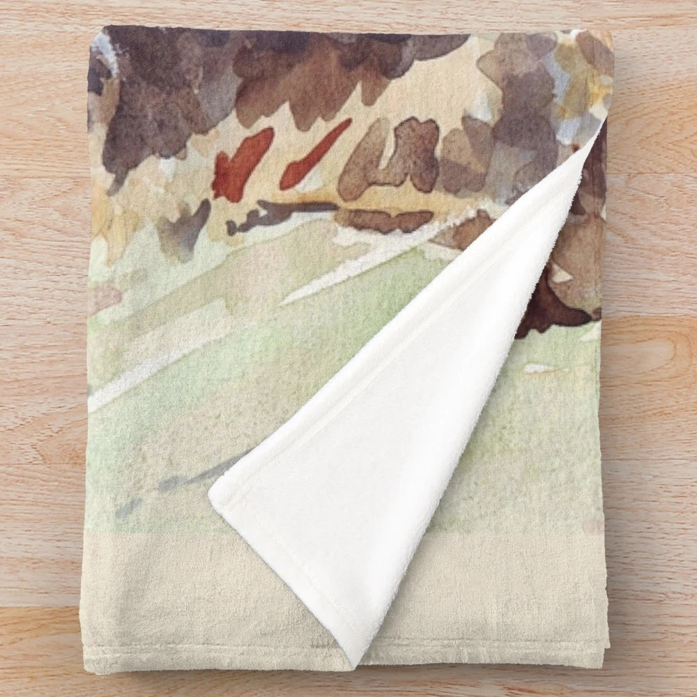 Colorful watercolor painting of an african wild dog on a plush blanket