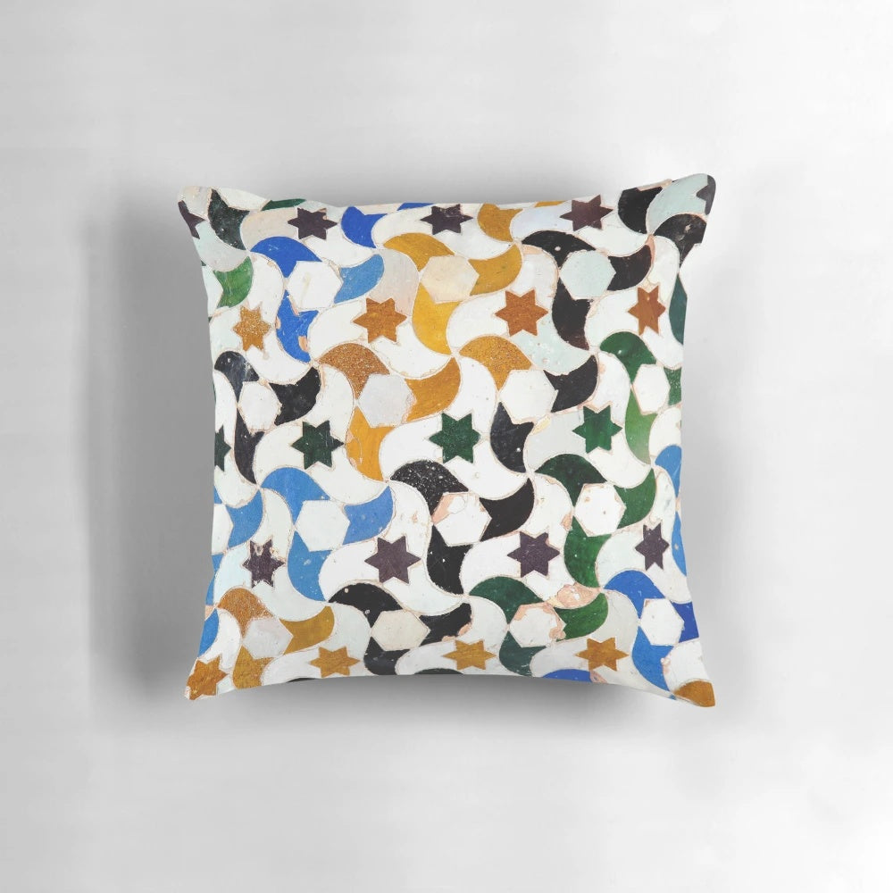 Alhambra tile pattern decorative throw pillow with blue, green, and red colors