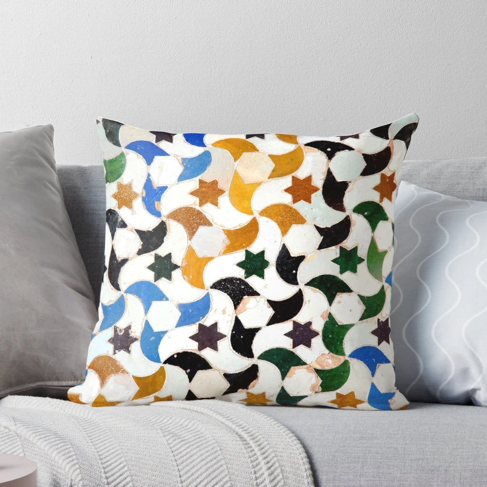 Alhambra tile pattern decorative throw pillow with blue, green, and red colors