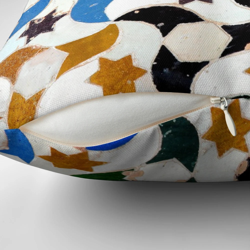 Alhambra tile pattern decorative throw pillow with blue, green, and red colors