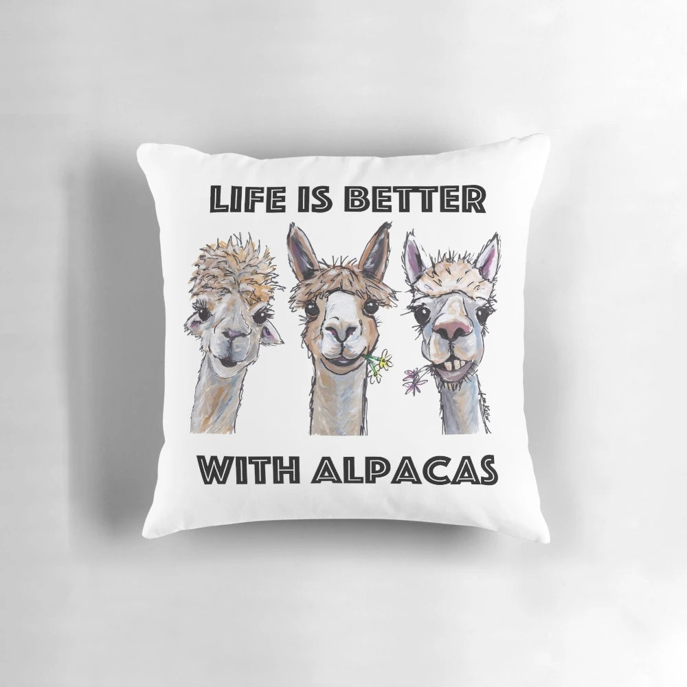Colorful illustration of a cute alpaca on a decorative throw pillow