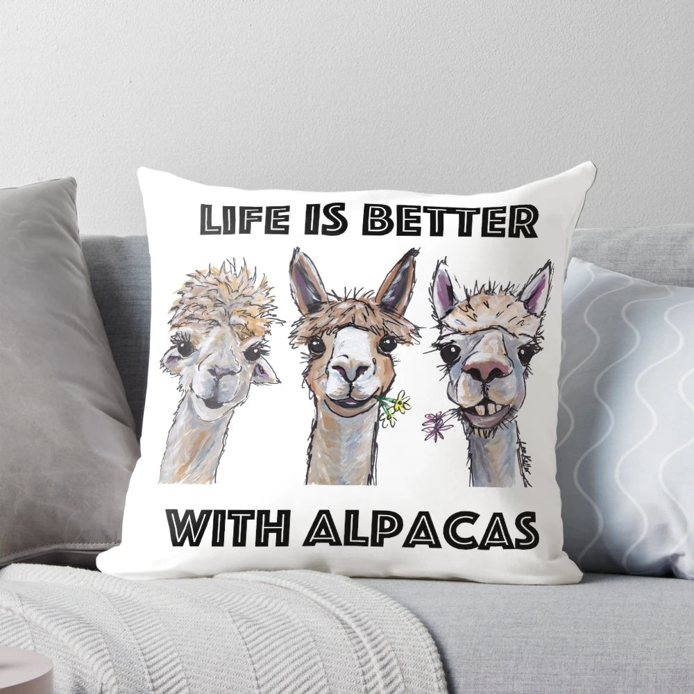 Colorful illustration of a cute alpaca on a decorative throw pillow