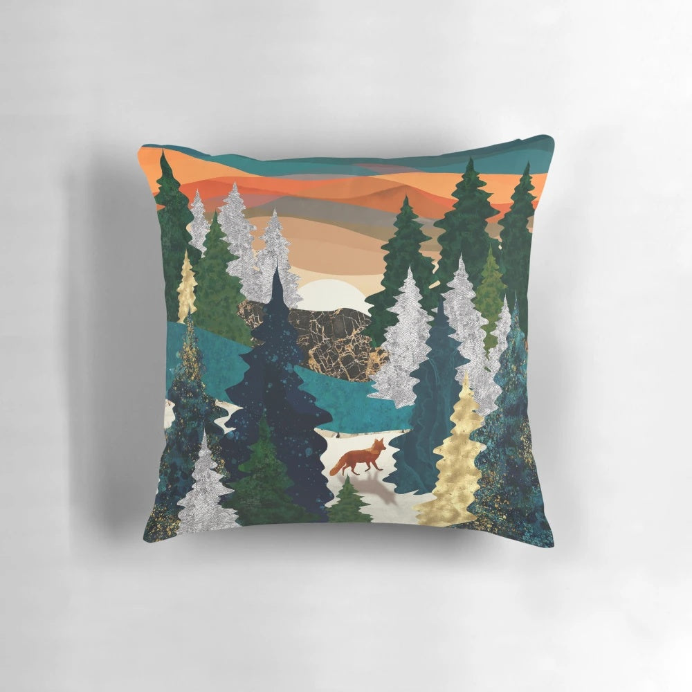 Artistic depiction of an amber fox amid a natural landscape with the moon, sun, and trees.
