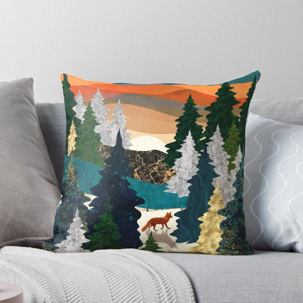 Artistic depiction of an amber fox amid a natural landscape with the moon, sun, and trees.