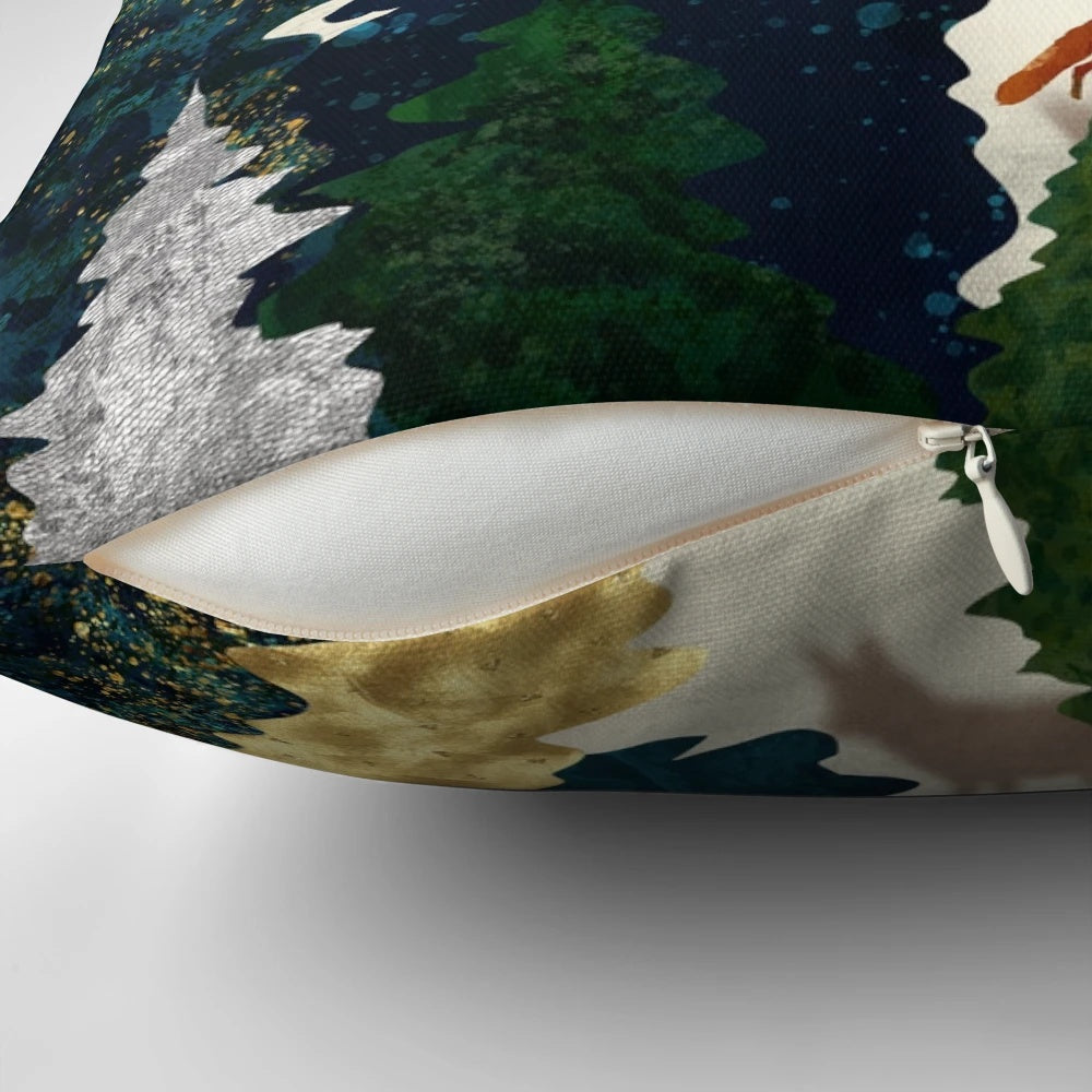 Artistic depiction of an amber fox amid a natural landscape with the moon, sun, and trees.