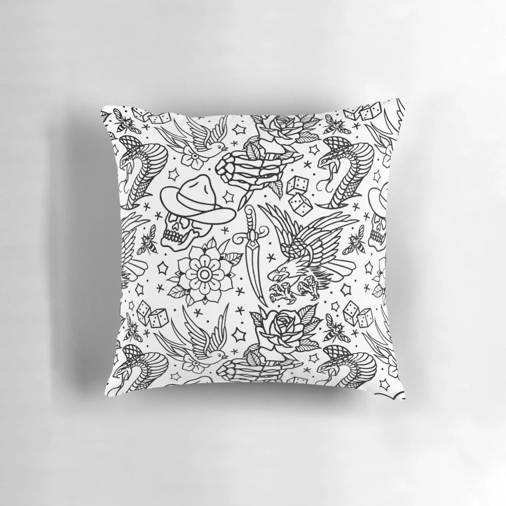 American traditional style tattoo flash inspired pillow with various designs like eagle, skull, flower, dagger, snake, rose, sparrow, old school, bee, skeleton hand, and dice.
