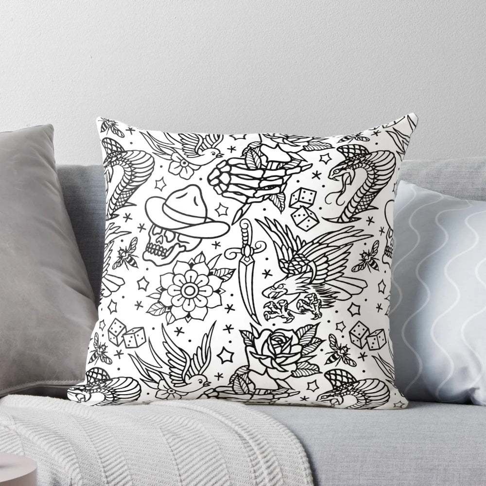 American traditional style tattoo flash inspired pillow with various designs like eagle, skull, flower, dagger, snake, rose, sparrow, old school, bee, skeleton hand, and dice.
