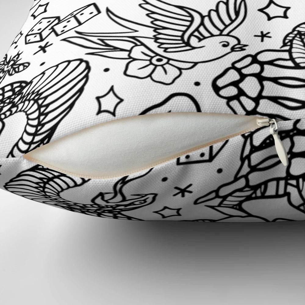 American traditional style tattoo flash inspired pillow with various designs like eagle, skull, flower, dagger, snake, rose, sparrow, old school, bee, skeleton hand, and dice.
