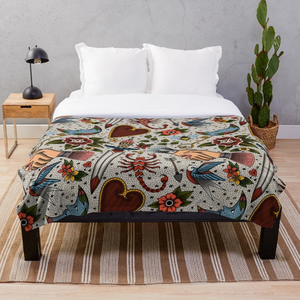 American traditional tattoo inspired plush blanket with repeating pattern