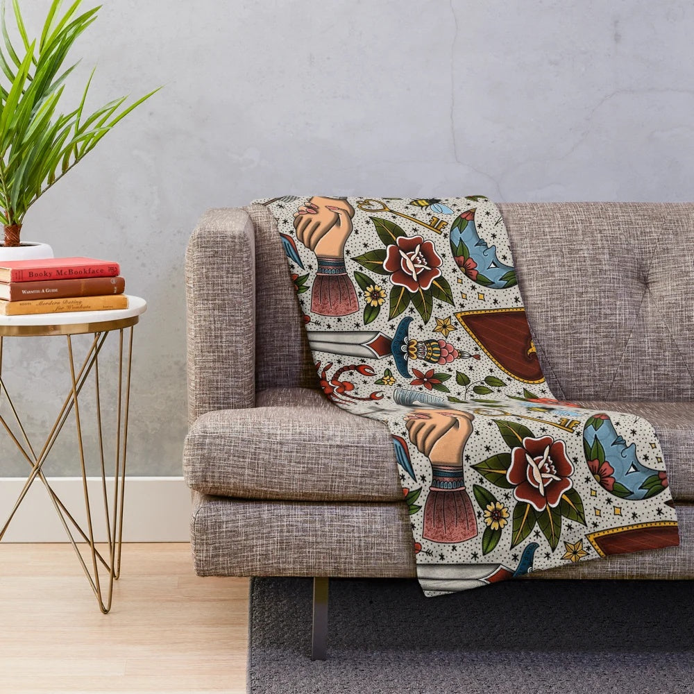 American traditional tattoo inspired plush blanket with repeating pattern