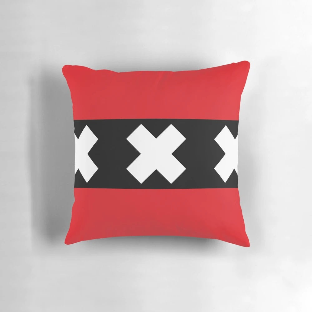 Amsterdam flag pillow with red, white, and black stripes and crosses