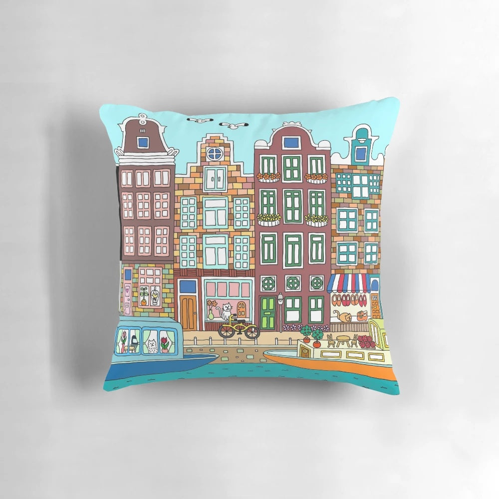 Colorful graphic design pillow featuring architecture and flowers of Amsterdam