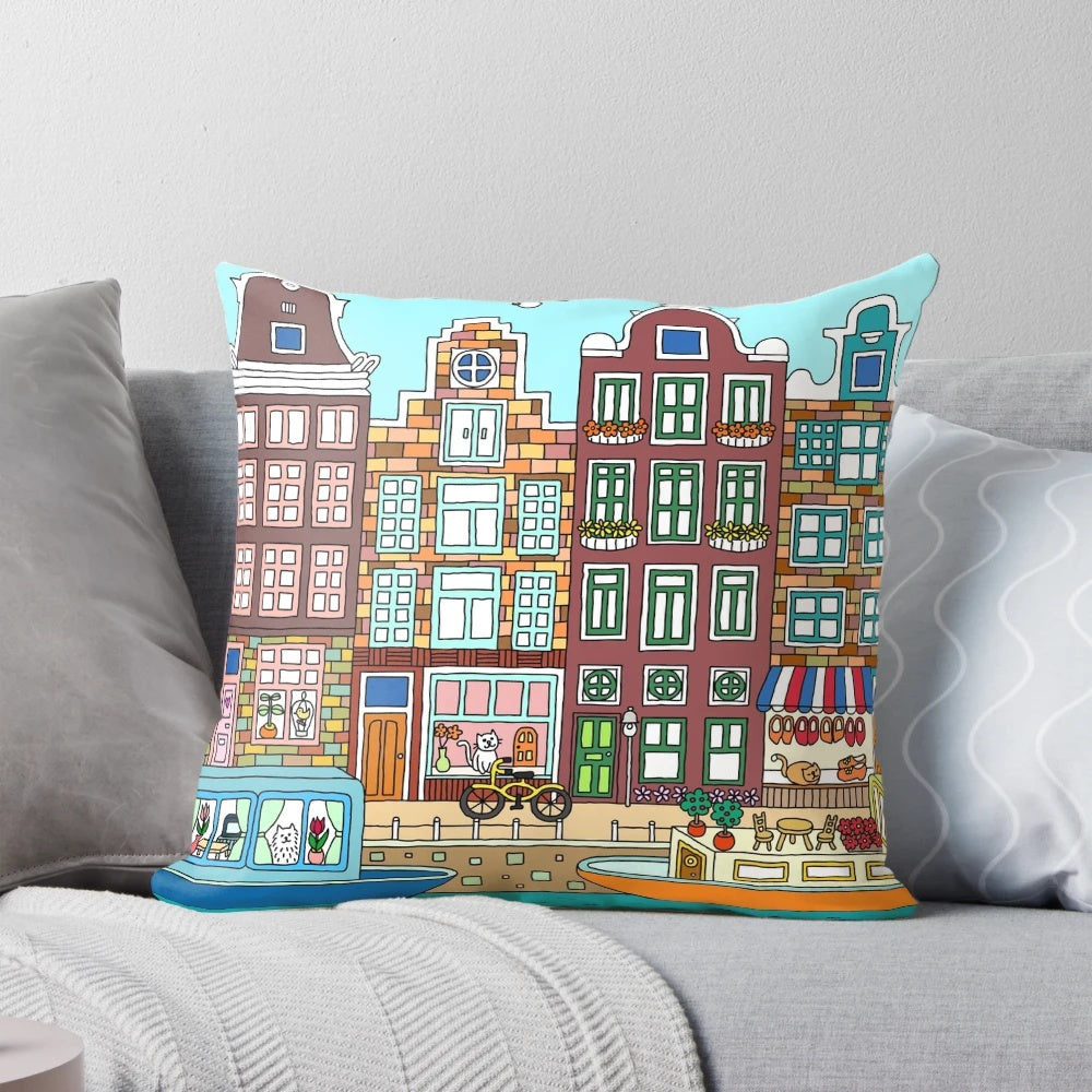 Colorful graphic design pillow featuring architecture and flowers of Amsterdam