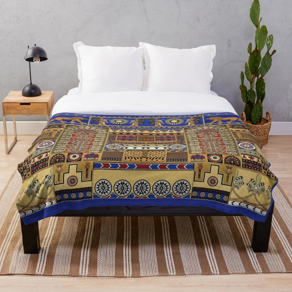 Ancient Assyrian art inspired plush blanket with intricate patterns and cultural designs